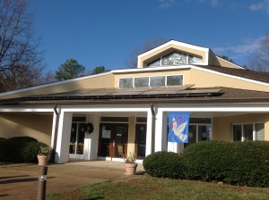 Solar panels over the entrance to the First Congregational Christian United Church of Christ. Photo credit: Matt Ruscio