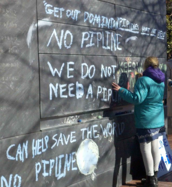 Opposition to Dominon's planned Atlantic Coast Pipeline has spurred protests from landowners and environmental advocates and led to more than 5,000 comments to the McAuliffe Administration opposing the pipeline. Photo courtesy of Linda Muller.