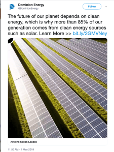 Twet from Dominion Energy claiming its power is 85% green. Picture shows solar panels.